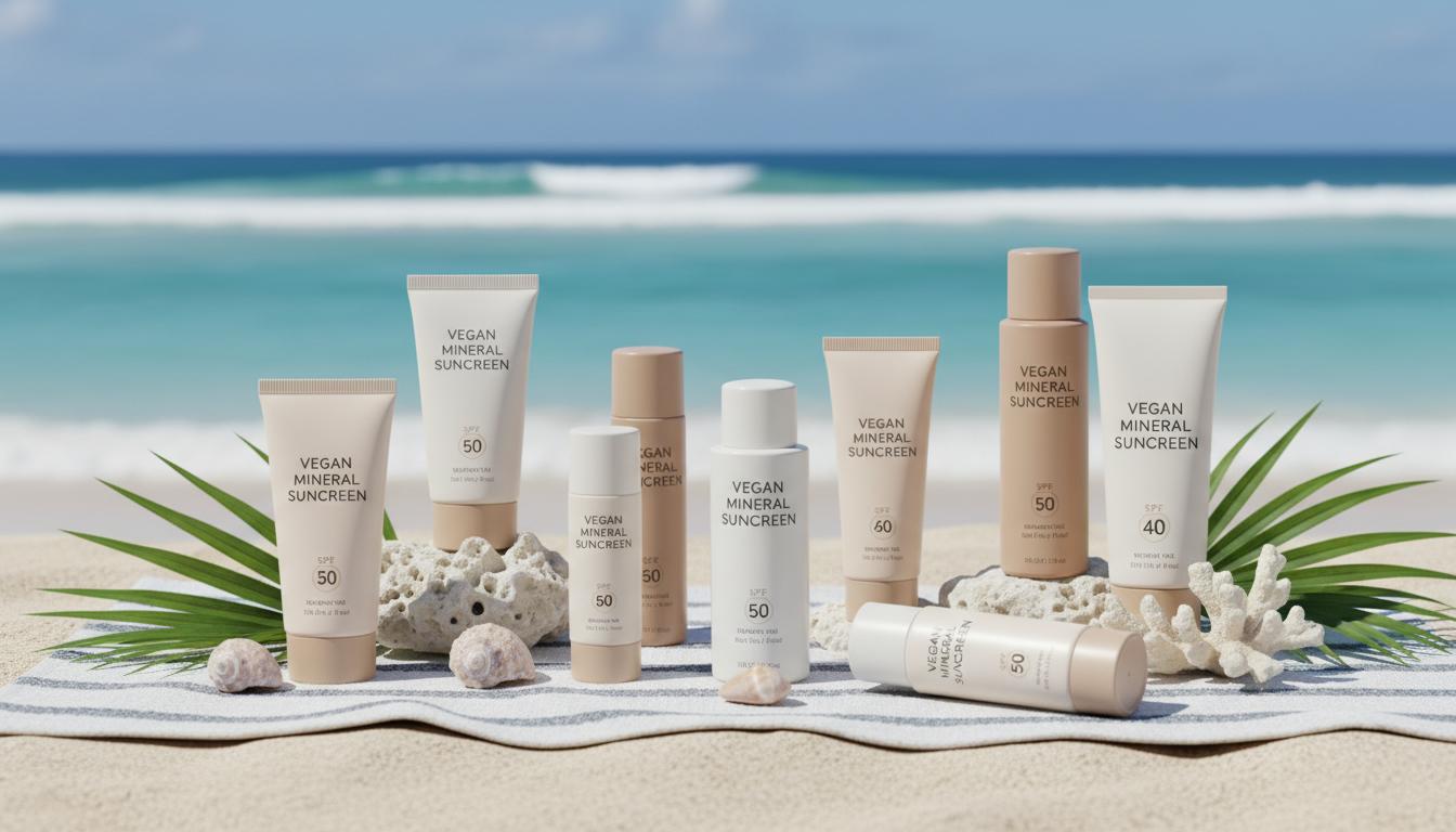 Vegan mineral sunscreens on beach towel