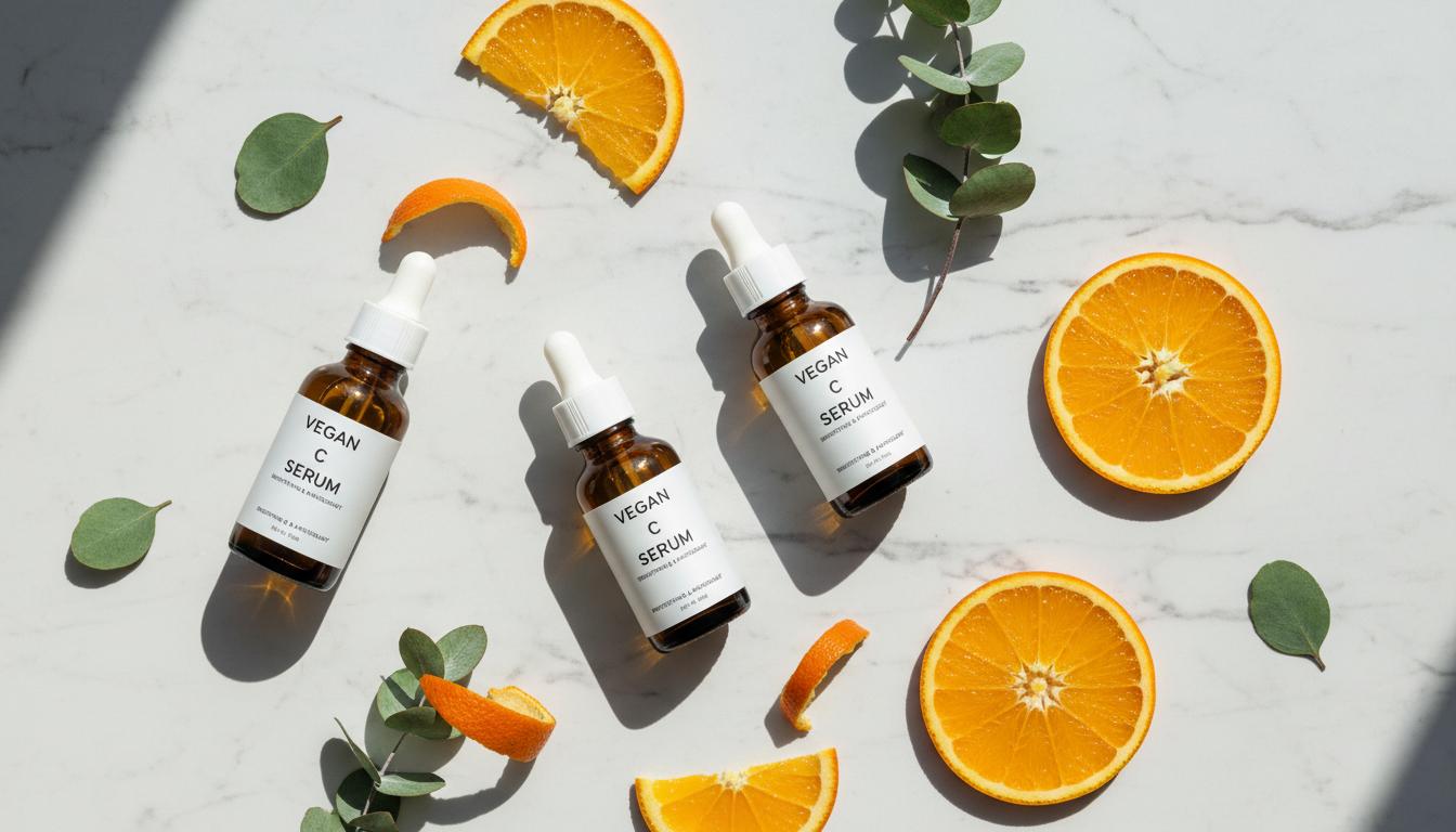 Vegan vitamin C serums in amber glass bottles with oranges